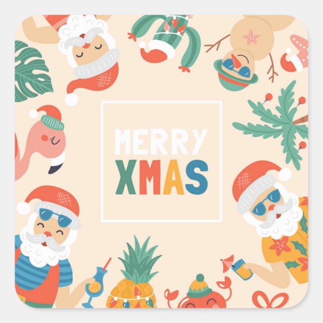 Santas on the Beach Square Sticker (Front)