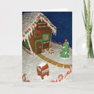 santas post office gingerbread house holiday card