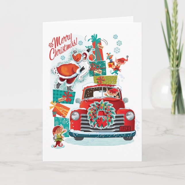 Santas Red Truck Retro Christmas Cards (Front)