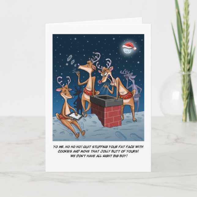 Santa's Reindeer Cartoon Holiday Card (Front)