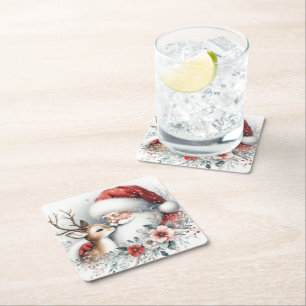 Santa's Reindeer Kiss Square Paper Coaster