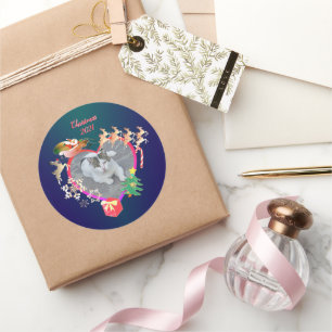 Santa's Reindeer Photo Heart Frame   Classic Round Sticker