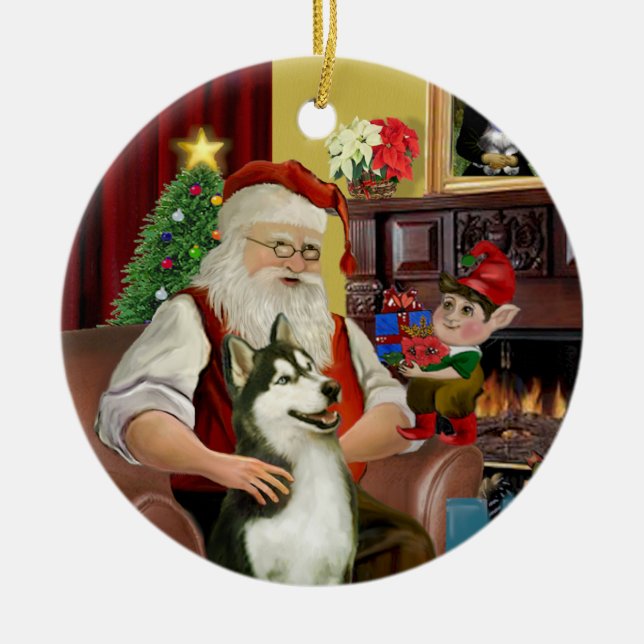 Santa's Siberian Husky #3 Ceramic Ornament (Front)