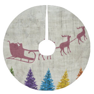Santa's Sleigh and Colourful Trees Brushed Polyester Tree Skirt