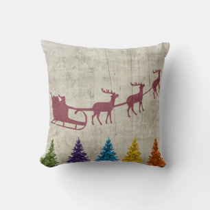 Santa's Sleigh and Colourful Trees Throw Pillow