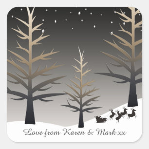 Santa's Sleigh and Trees Silhouette Personalised Square Sticker