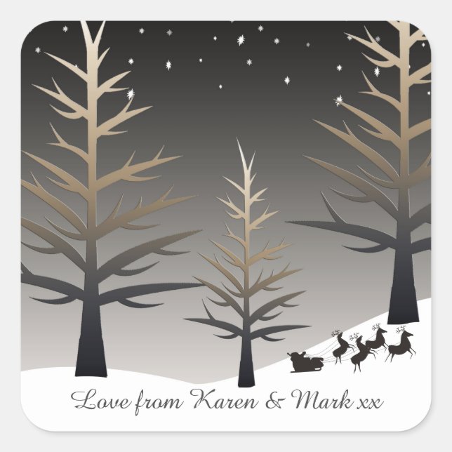Santa's Sleigh and Trees Silhouette Personalised Square Sticker (Front)