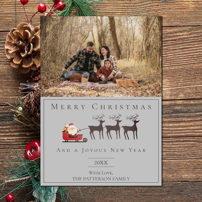 Santa's Sleigh Christmas Photo | Grey Holiday Card (Gray Santa's Sleigh Christmas Photo Holiday Card)