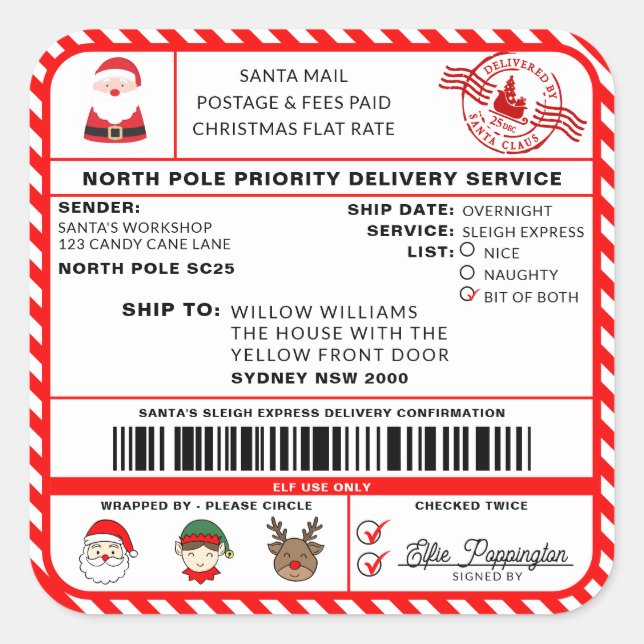 Santas Sleigh Christmas Shipping Label Sticker (Front)