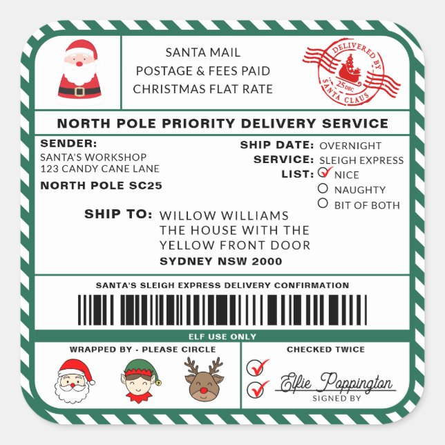Santas Sleigh Christmas Shipping Label Sticker (Front)