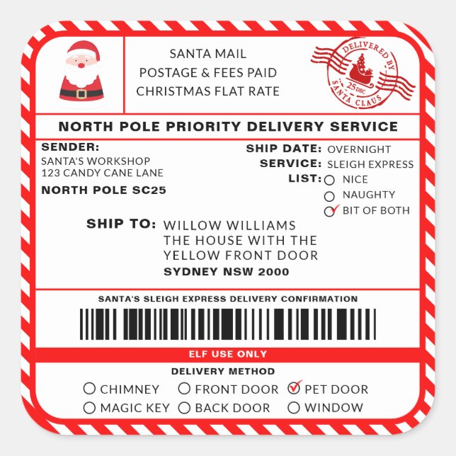 Santas Sleigh Christmas Shipping Label Sticker (Front)