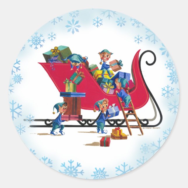 SANTA'S SLEIGH & ELVES by SHARON SHARPE Classic Round Sticker (Front)
