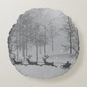Santa's Sleigh in a Winter Wonderland Round Pillow