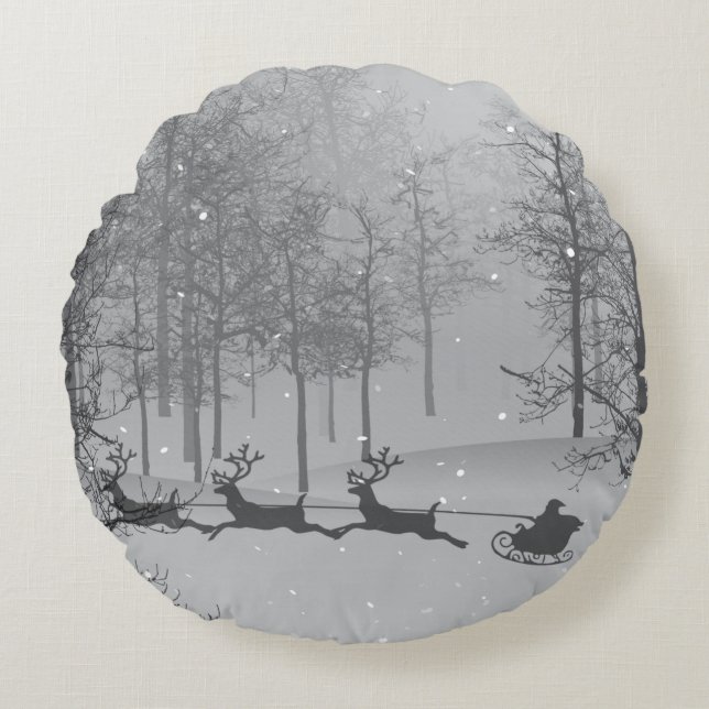 Santa's Sleigh in a Winter Wonderland Round Pillow (Front)