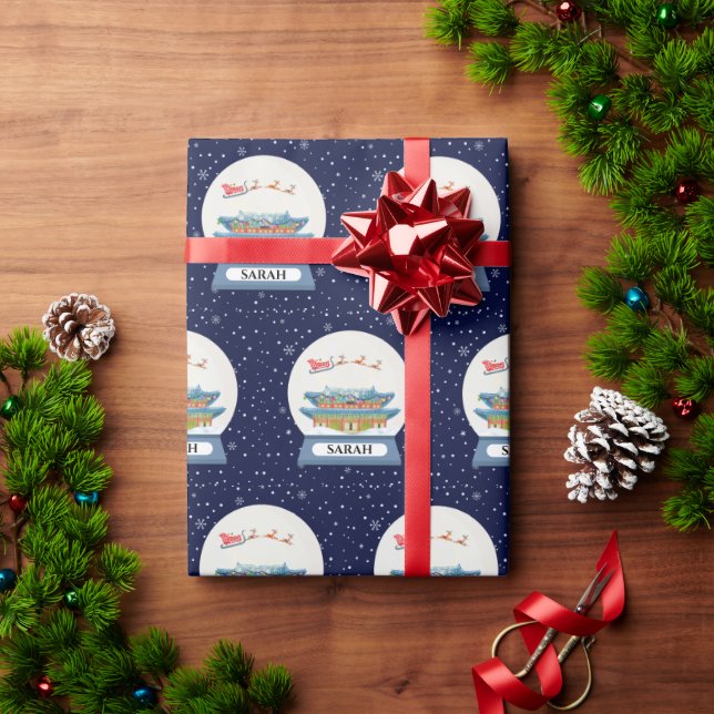 Santa's Sleigh In Korea Snow Globe (Personalized) Wrapping Paper (Holiday Gift)