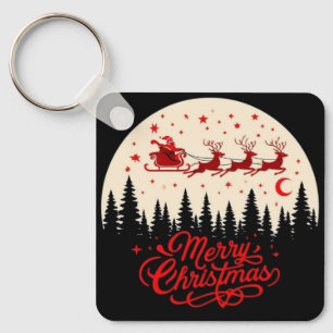 Santa's Sleigh Merry Christmas Forest Scene Art" Keychain