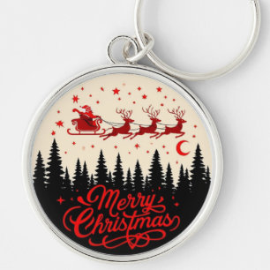 Santa's Sleigh Merry Christmas Forest Scene Art" Keychain