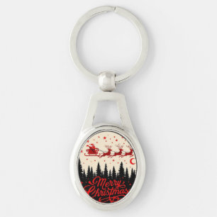 Santa's Sleigh Merry Christmas Forest Scene Art" Keychain