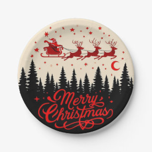Santa's Sleigh Merry Christmas Forest Scene Art" Paper Plate