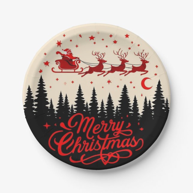 Santa's Sleigh Merry Christmas Forest Scene Art" Paper Plate (Front)