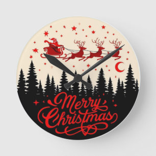 Santa's Sleigh Merry Christmas Forest Scene Art Round Clock