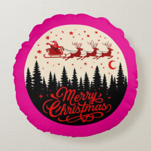 Santa's Sleigh Merry Christmas Forest Scene Art Round Pillow