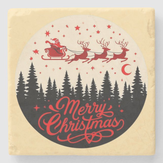 Santa's Sleigh Merry Christmas Forest Scene Art Stone Coaster (Front)