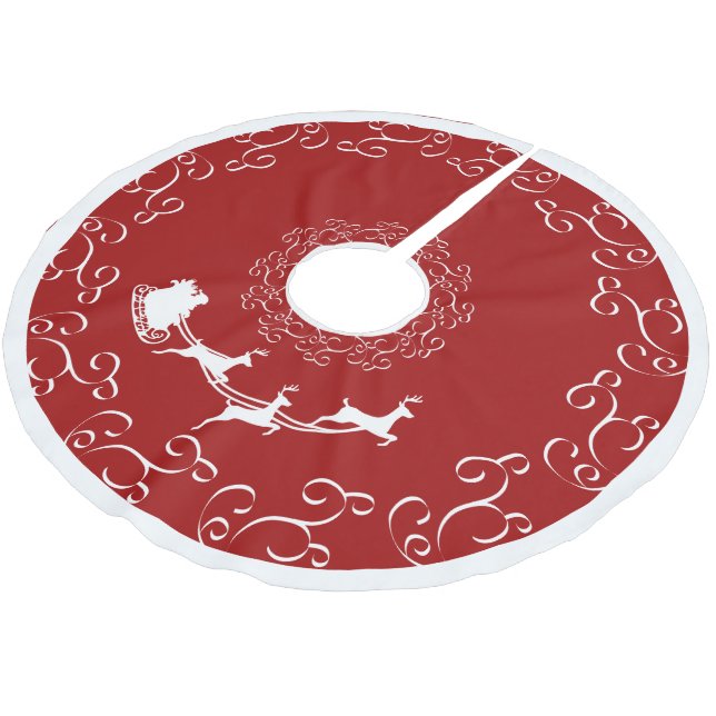 Santa's Sleigh & Reindeer in Red & White Brushed Polyester Tree Skirt (Angled)