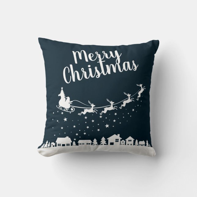 Santa's sleigh & reindeers flying above the city throw pillow (Front)