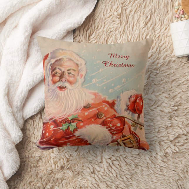 Santas Sleigh Ride Vintage Christmas Pillow (Blanket)