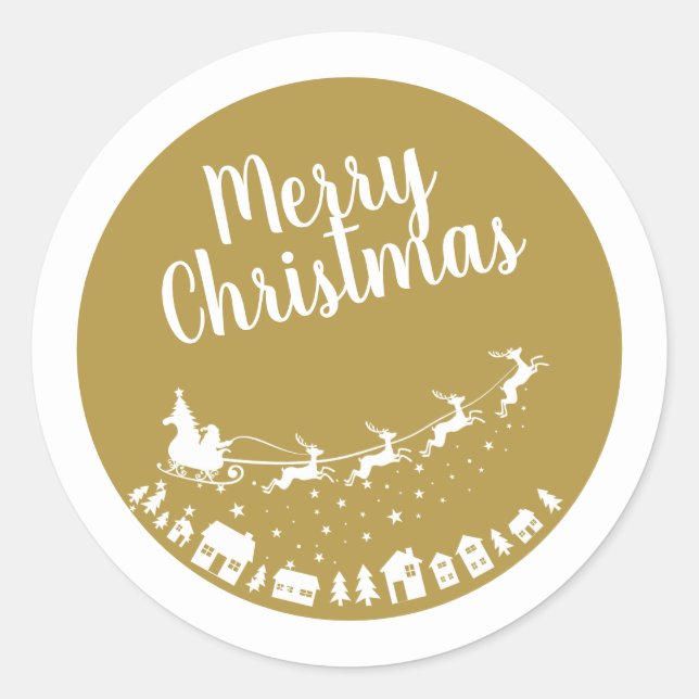 Santa's sleigh silhouette flying above the houses classic round sticker (Front)
