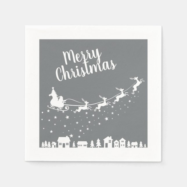 Santa's sleigh silhouette flying above the houses napkin (Front)