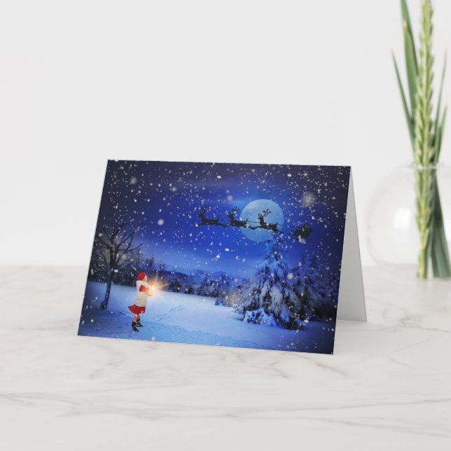 Santa's Sleigh Snowy Night Christmas Greeting Card (Front)