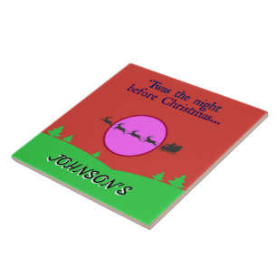 Santa's Sleigh Soaring Full Moon Family Name Red Tile