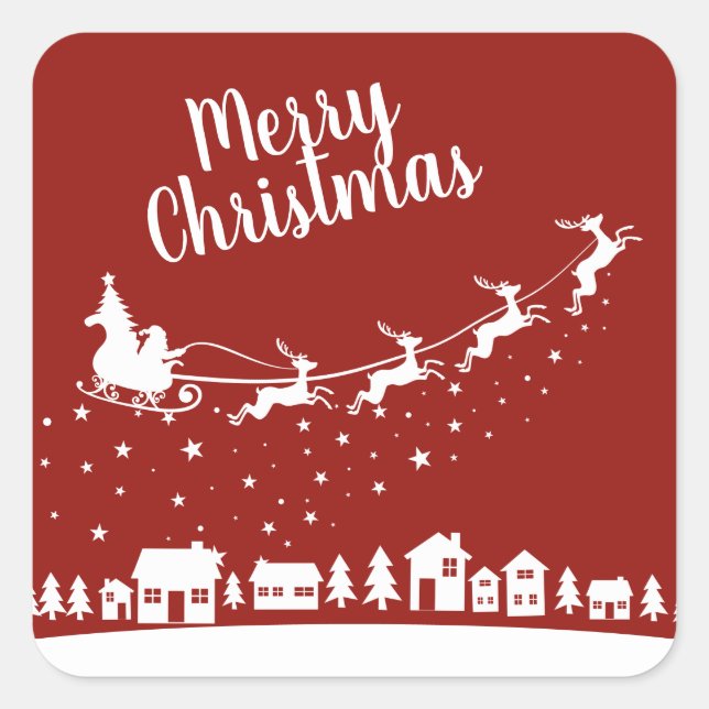 Santa's sleigh w/ reindeer flying above the houses square sticker (Front)