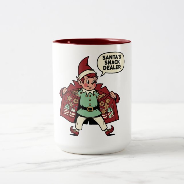 Santa's Snack Dealer Christmas Elf Two-Tone Coffee Mug (Center)
