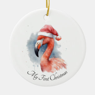 Santa's Snowbird Flamingo, custom Ceramic Ornament