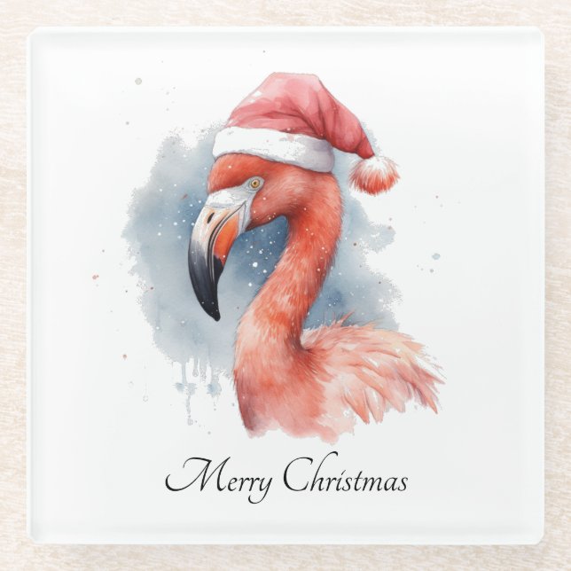Santa's Snowbird Flamingo, custom Glass Coaster (Front)