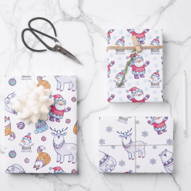 Santas Snowmen And Reindeer Cute Christmas Designs Wrapping Paper Sheet (Front)