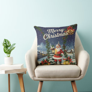 Santa's Snowy Express Retro Scene Throw Pillow