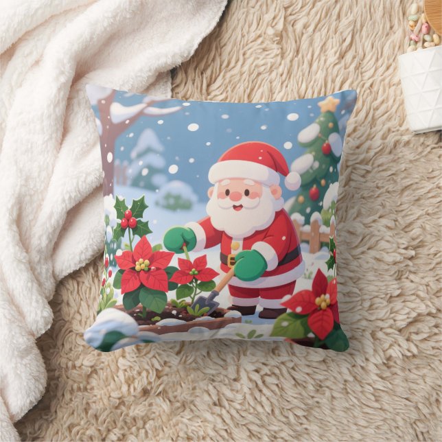 Santa's Snowy Poinsettia Garden Throw Pillow (Blanket)