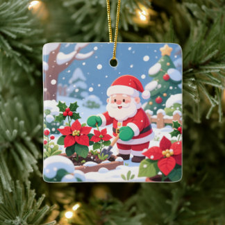 Santa's Snowy Poinsettia Greenhouse Garden Ceramic Ornament