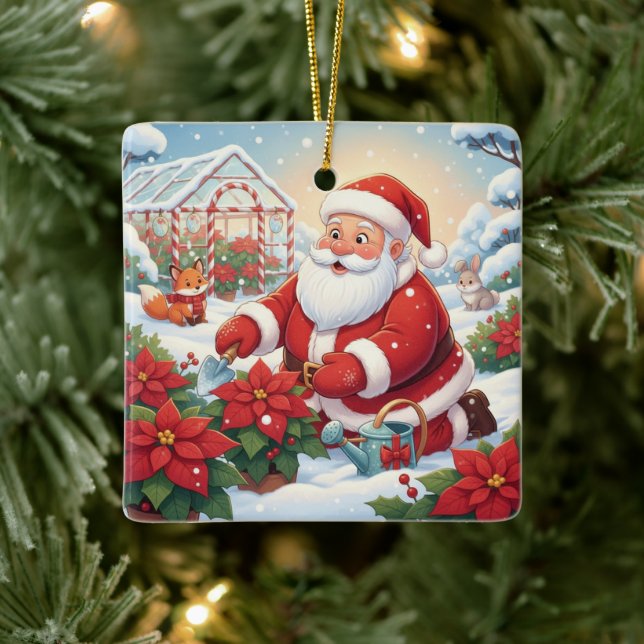 Santa's Snowy Poinsettia Greenhouse Garden Ceramic Ornament (Tree)