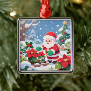 Santa's Snowy Poinsettia Greenhouse Garden Metal Ornament
