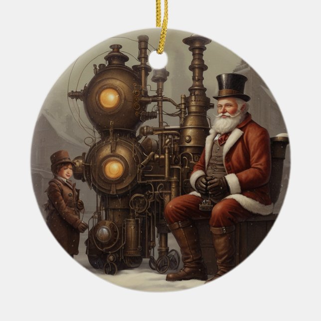 Santa's Steampunk Christmas Ceramic Ornament (Front)