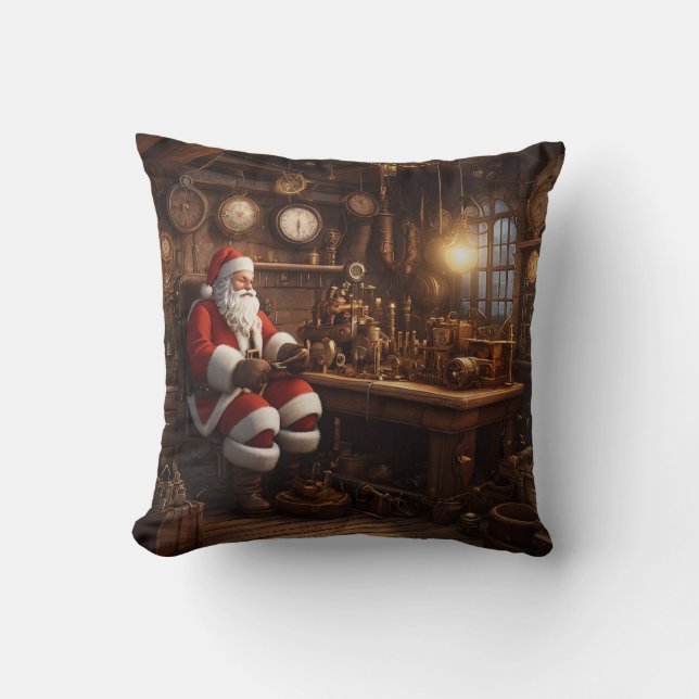 Santa's Steampunk Workshop Throw Pillow (Front)