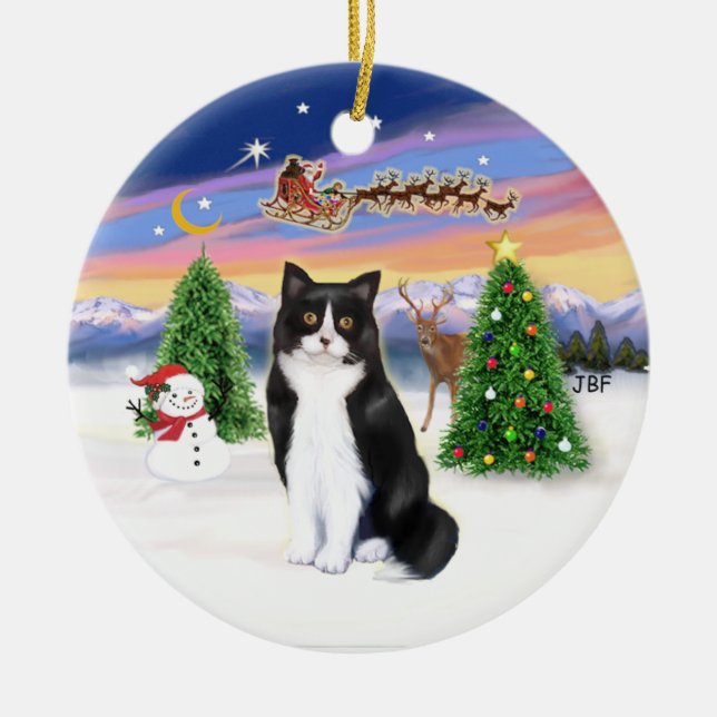 Santas Take Off - Black and White cat (ASH) Ceramic Ornament (Front)