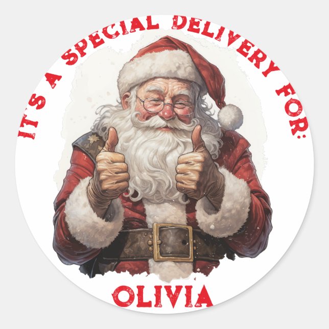Santa's Thumbs-Up Personalized Gift Tag Sticker" (Front)