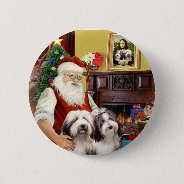 Santa's Two Bearded Collies 2 Inch Round Button (Front)