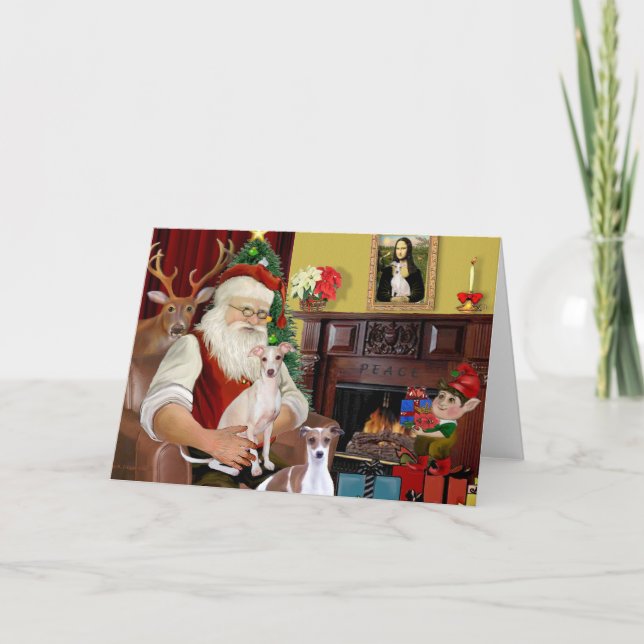 Santa's Two Italian Greyhounds Holiday Card (Front)